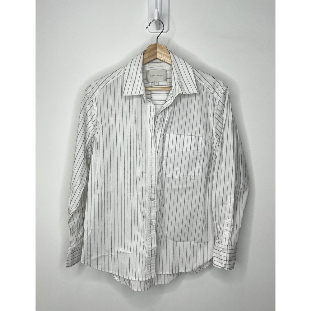 Brochu Walker Essential Shirt Womens Small White Oxford Black Pinstriped JCP388